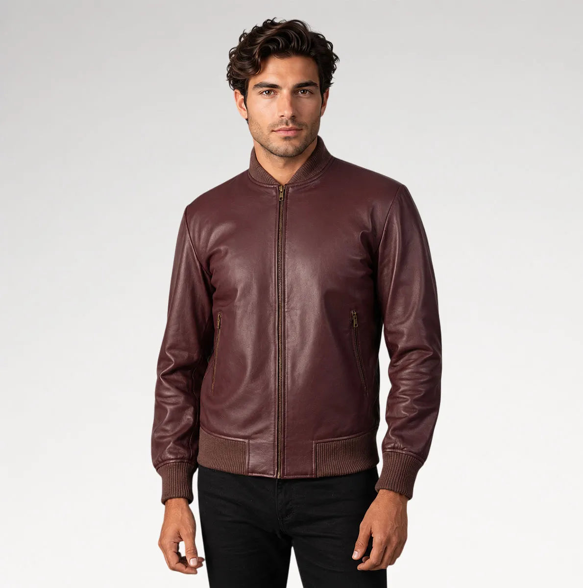Moderno Maroon Bomber Leather Jacket