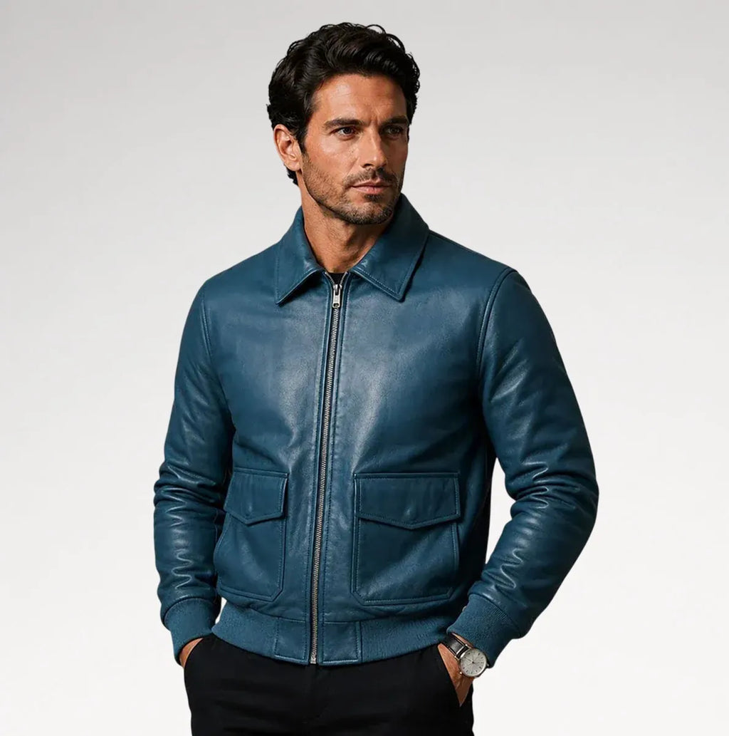 Azzurro Blue Bomber Sheepskin Leather Jacket