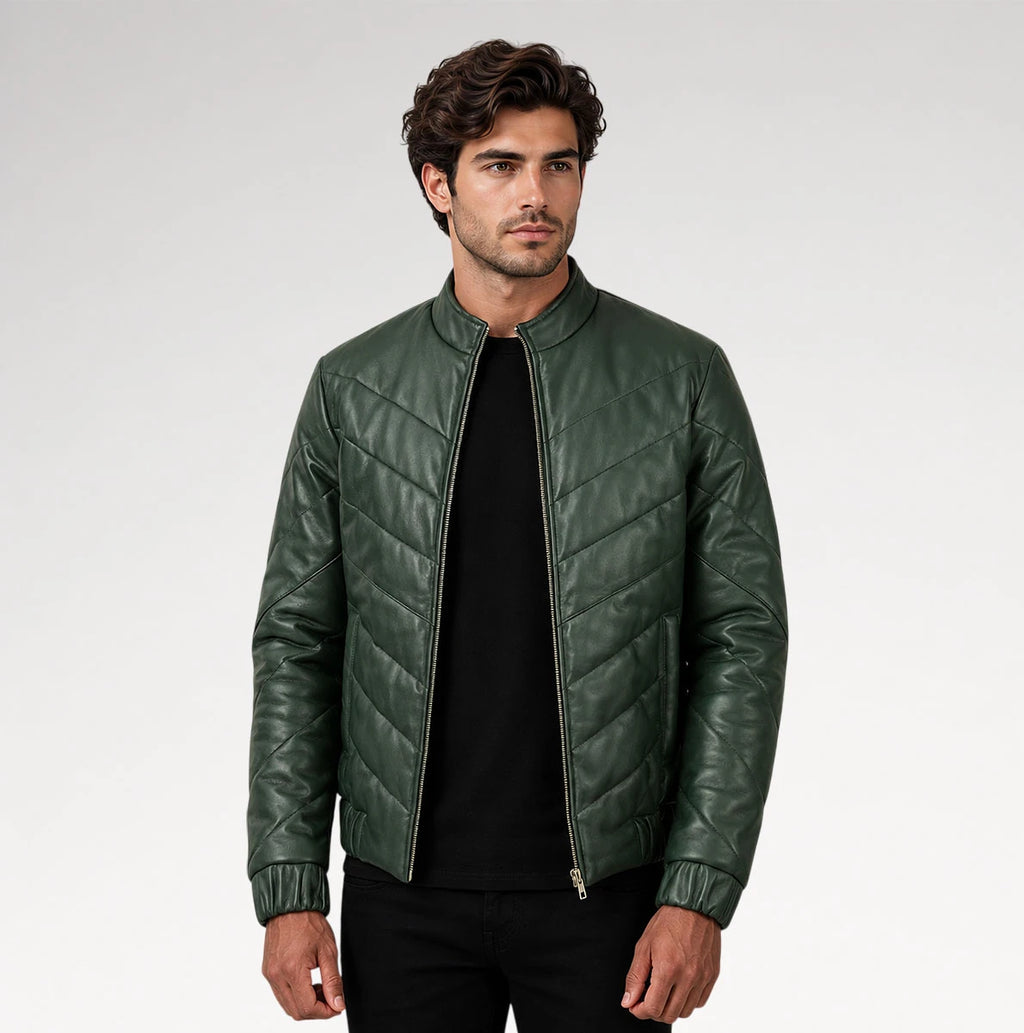 Cresta Green Puffer Leather Jacket