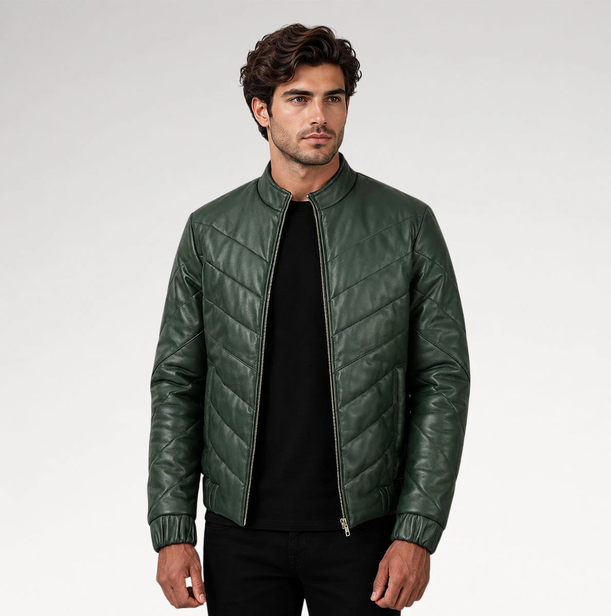 Cresta Green Puffer Leather Jacket