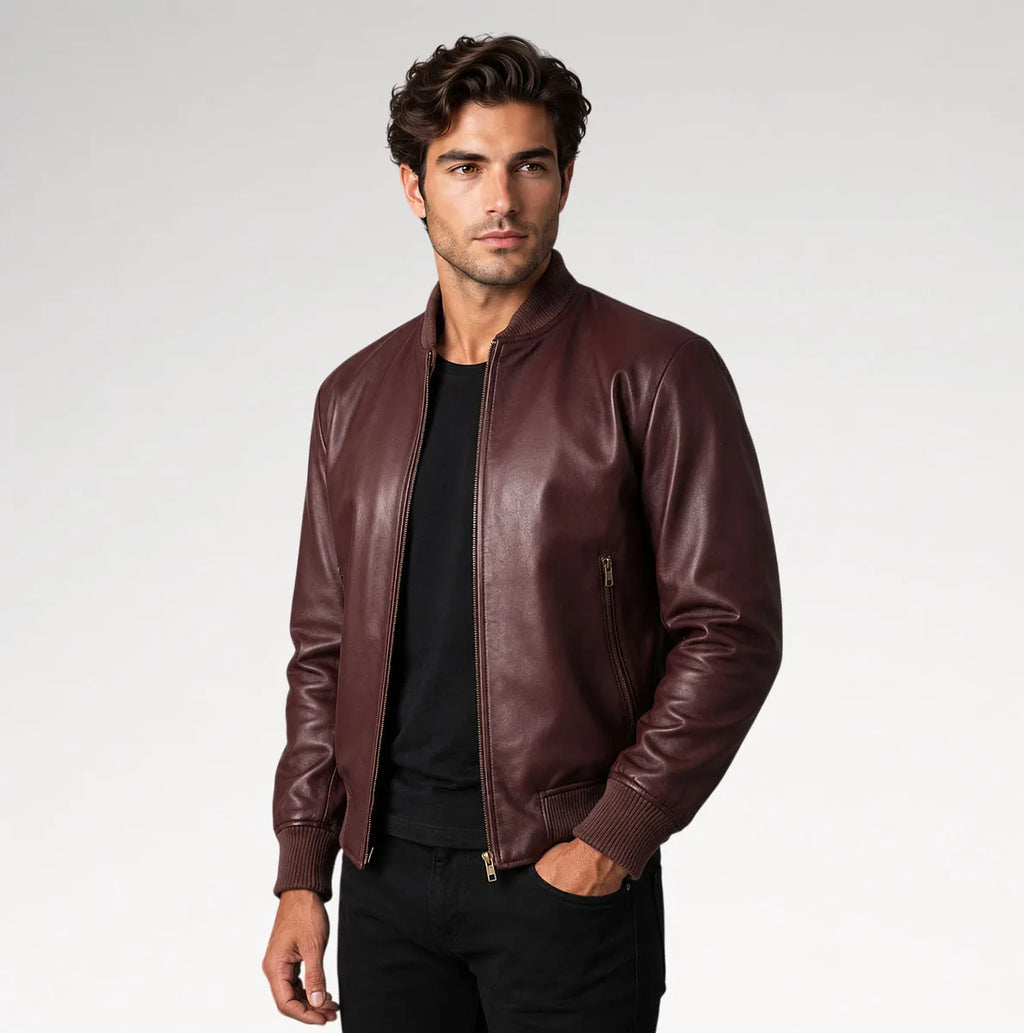 Moderno Maroon Bomber Leather Jacket