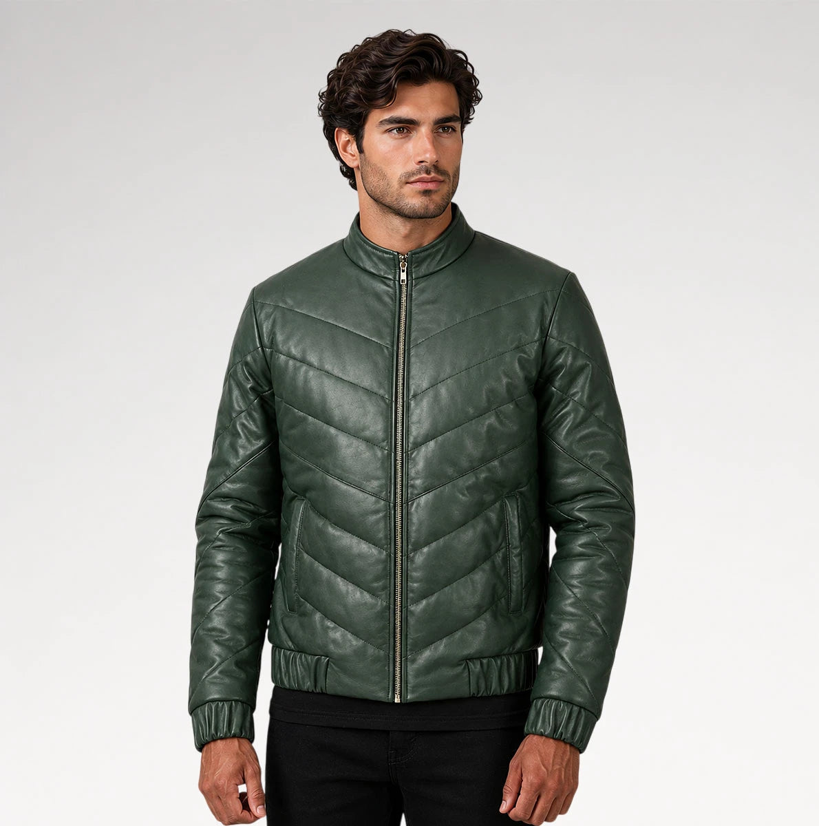 Cresta Green Puffer Leather Jacket