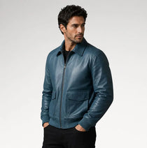 Azzurro Blue Bomber Sheepskin Leather Jacket