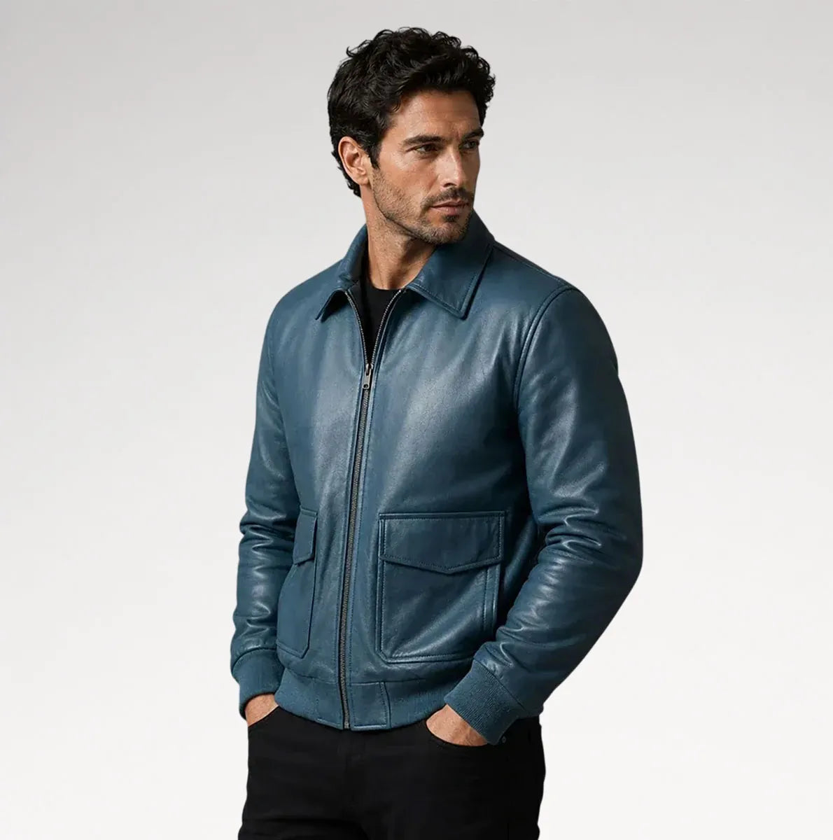 Azzurro Blue Bomber Sheepskin Leather Jacket