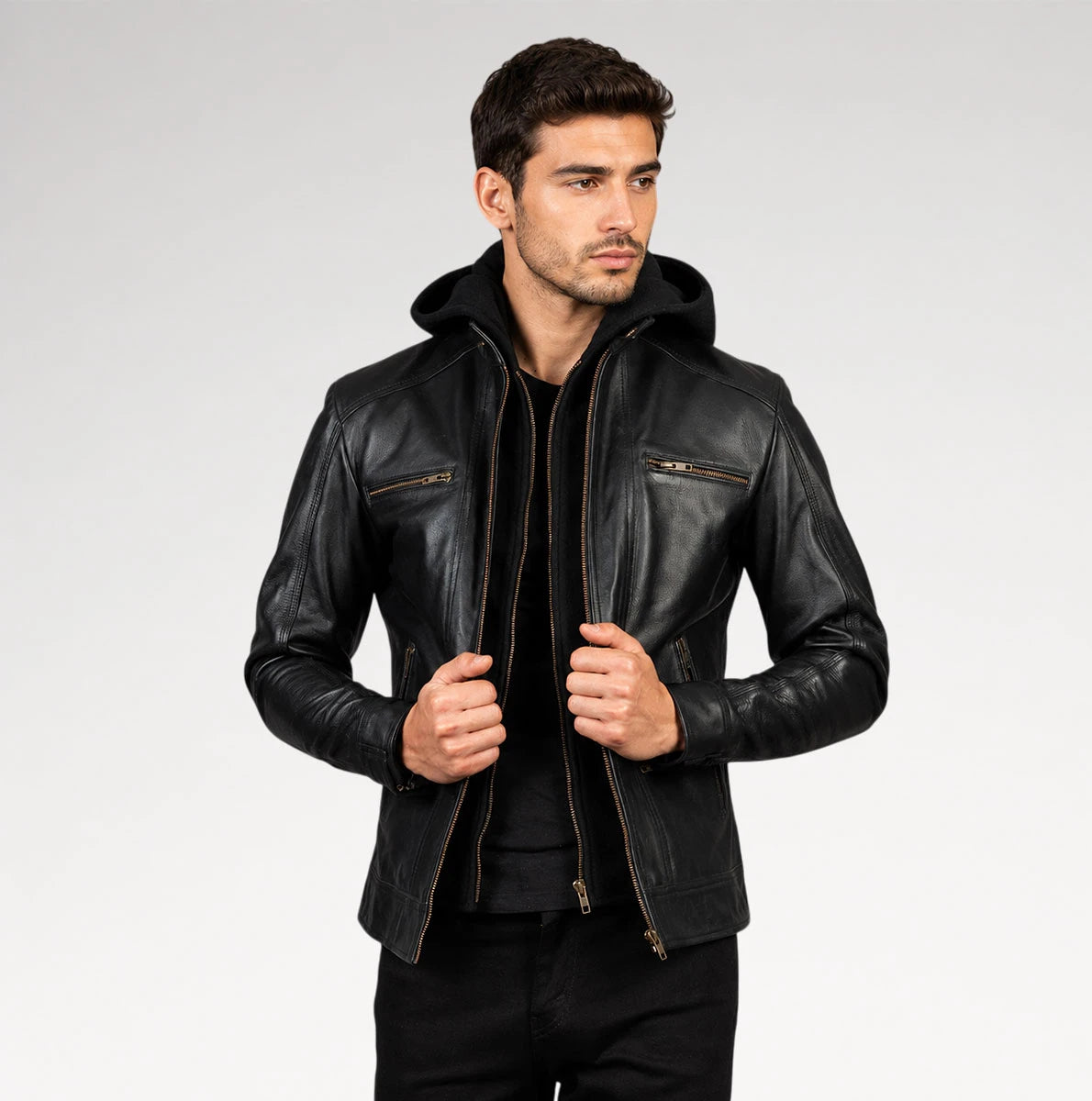Cappuccio Black Hooded Biker Leather Jacket