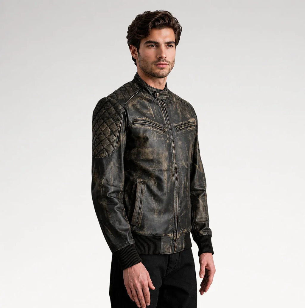 Selvaggio Distressed Brown Leather Bomber Jacket