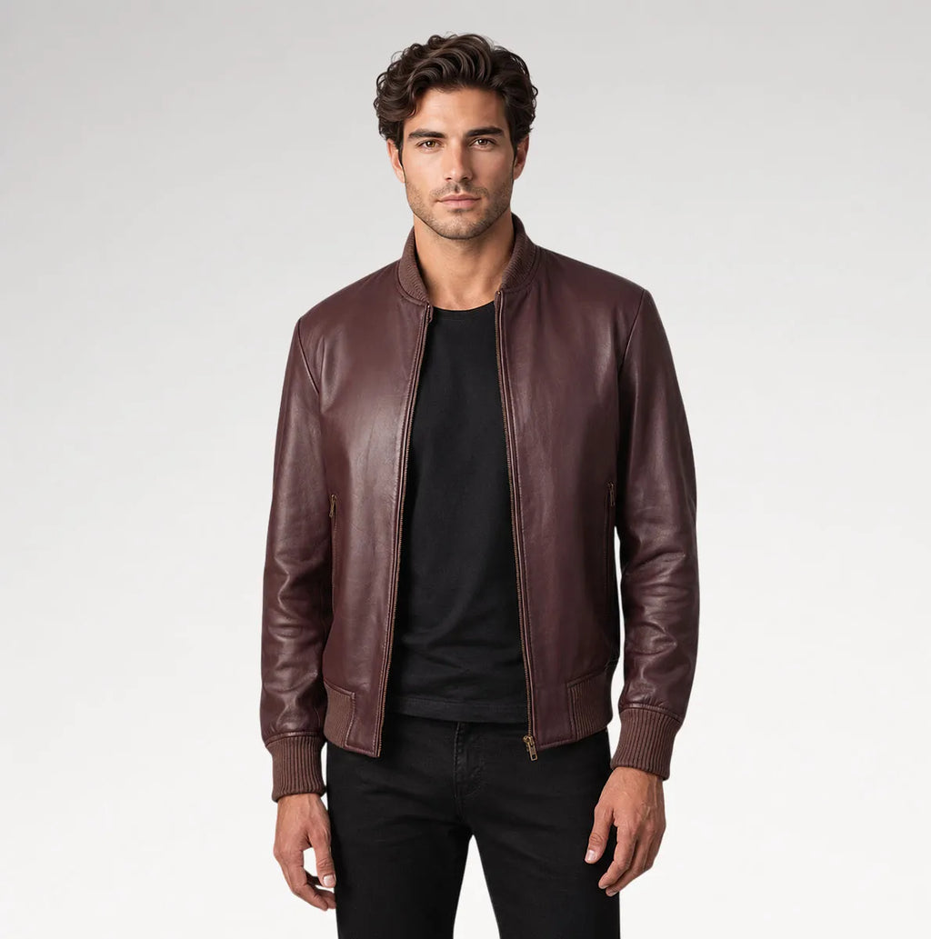 Moderno Maroon Bomber Leather Jacket