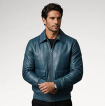 Azzurro Blue Bomber Sheepskin Leather Jacket