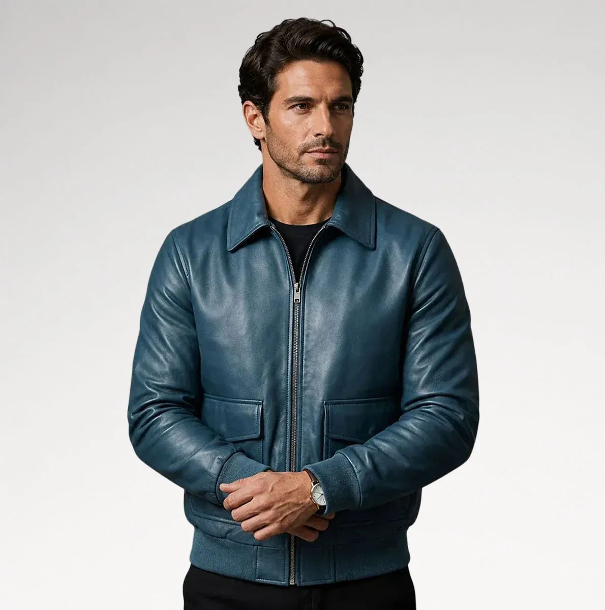 Azzurro Blue Bomber Sheepskin Leather Jacket