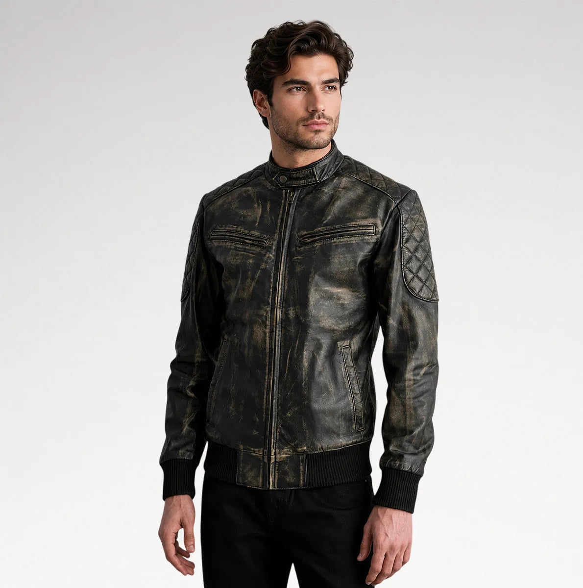 Selvaggio Distressed Brown Leather Bomber Jacket