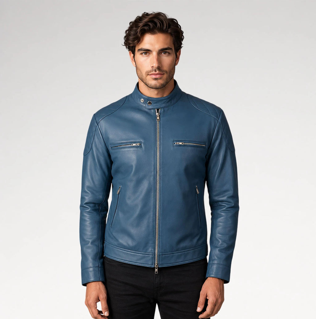 Reale Gatsby Blue Cafe Racer Quilted Biker Leather Jacket