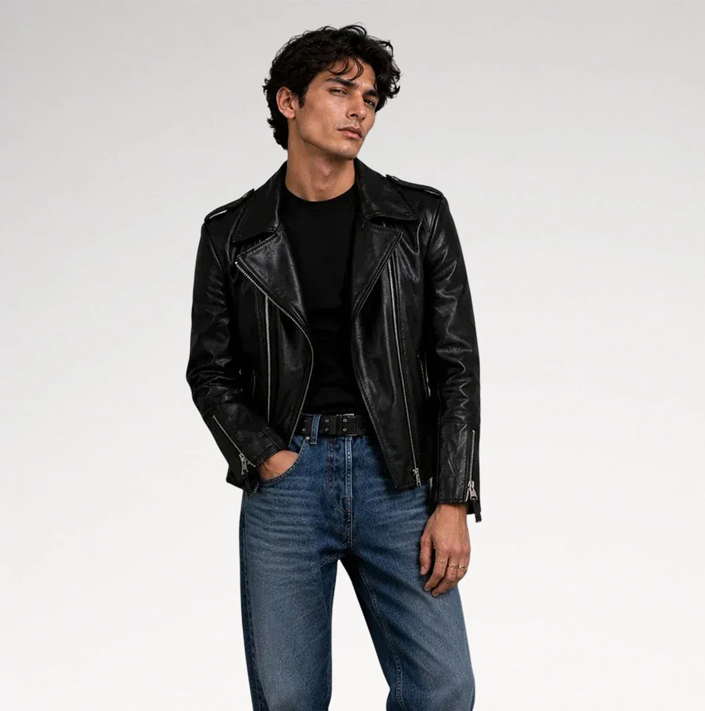 Stileto Black Slim Fit Biker Leather Jacket