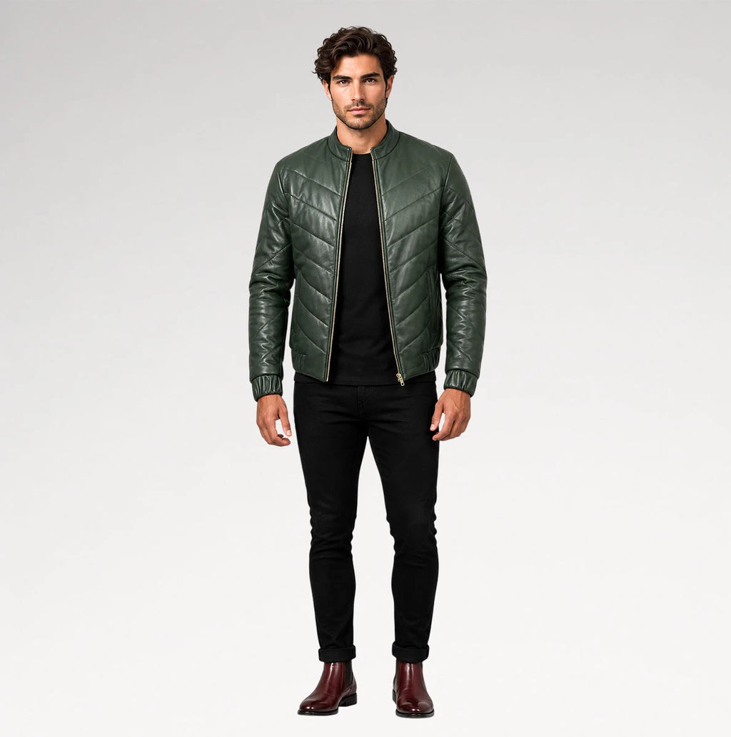 Cresta Green Puffer Leather Jacket