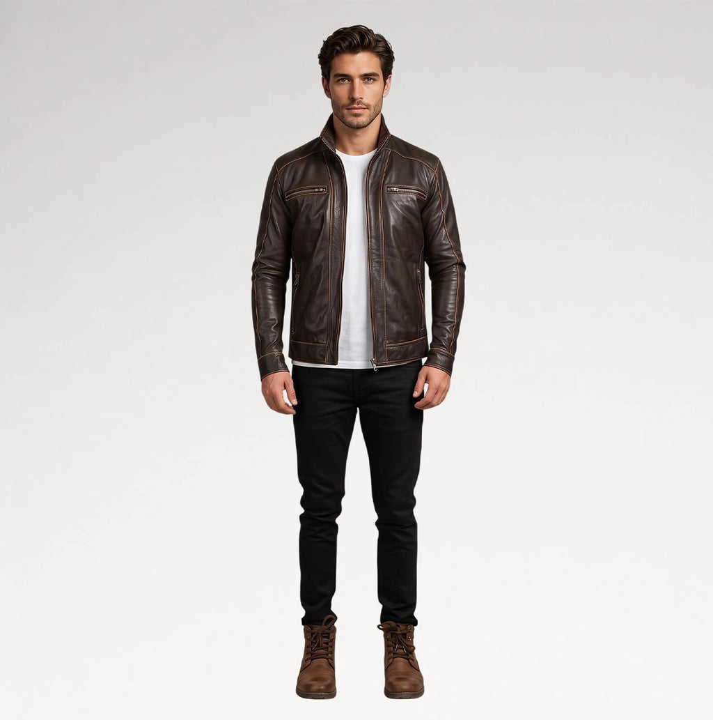 Delicato Brown Leather Biker Jacket