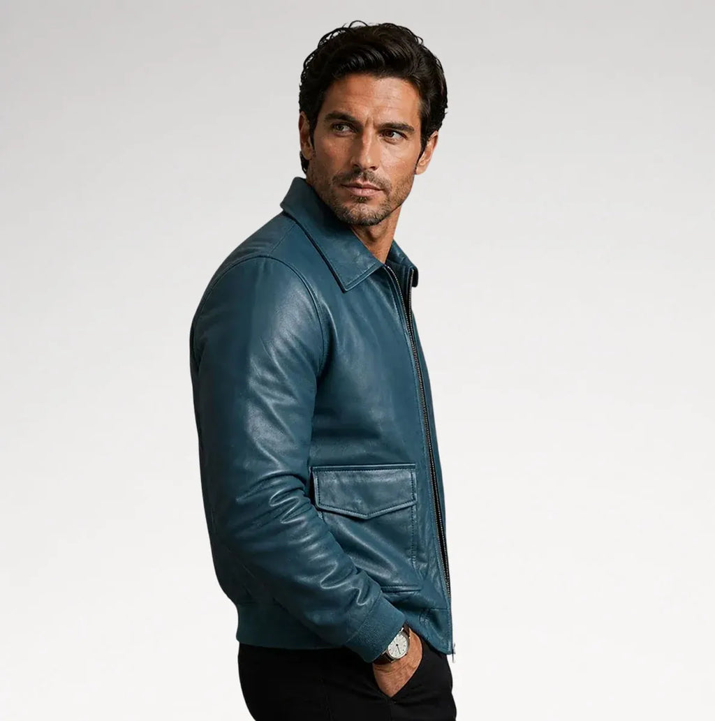 Azzurro Blue Bomber Sheepskin Leather Jacket