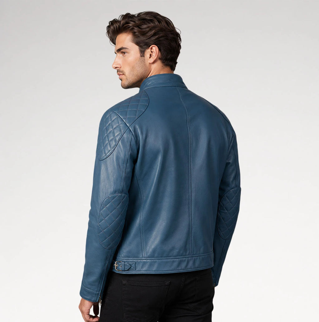 Reale Gatsby Blue Cafe Racer Quilted Biker Leather Jacket