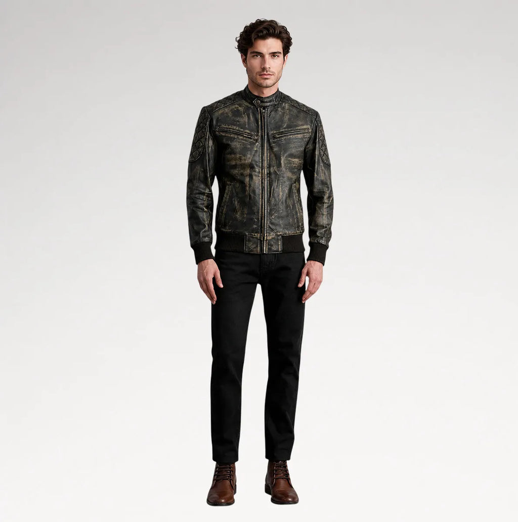 Selvaggio Distressed Brown Leather Bomber Jacket
