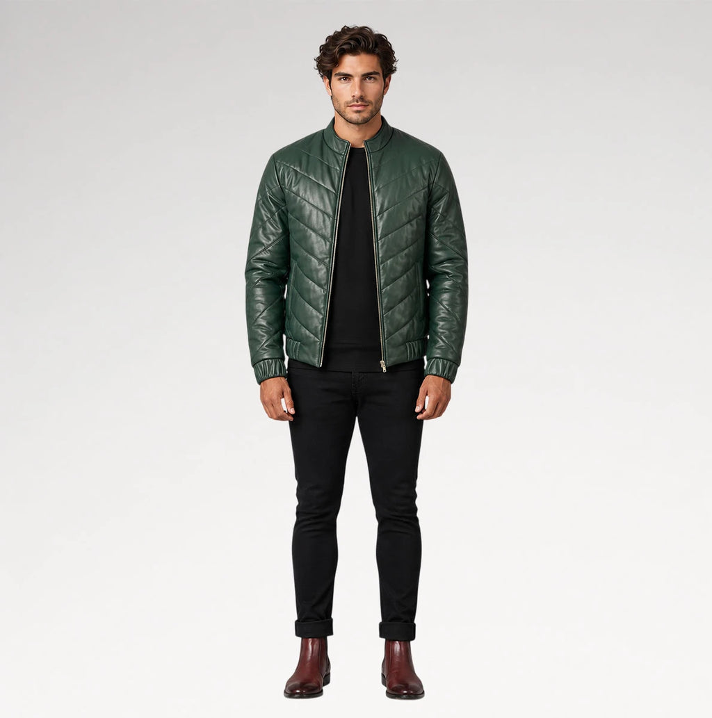 Cresta Green Puffer Leather Jacket