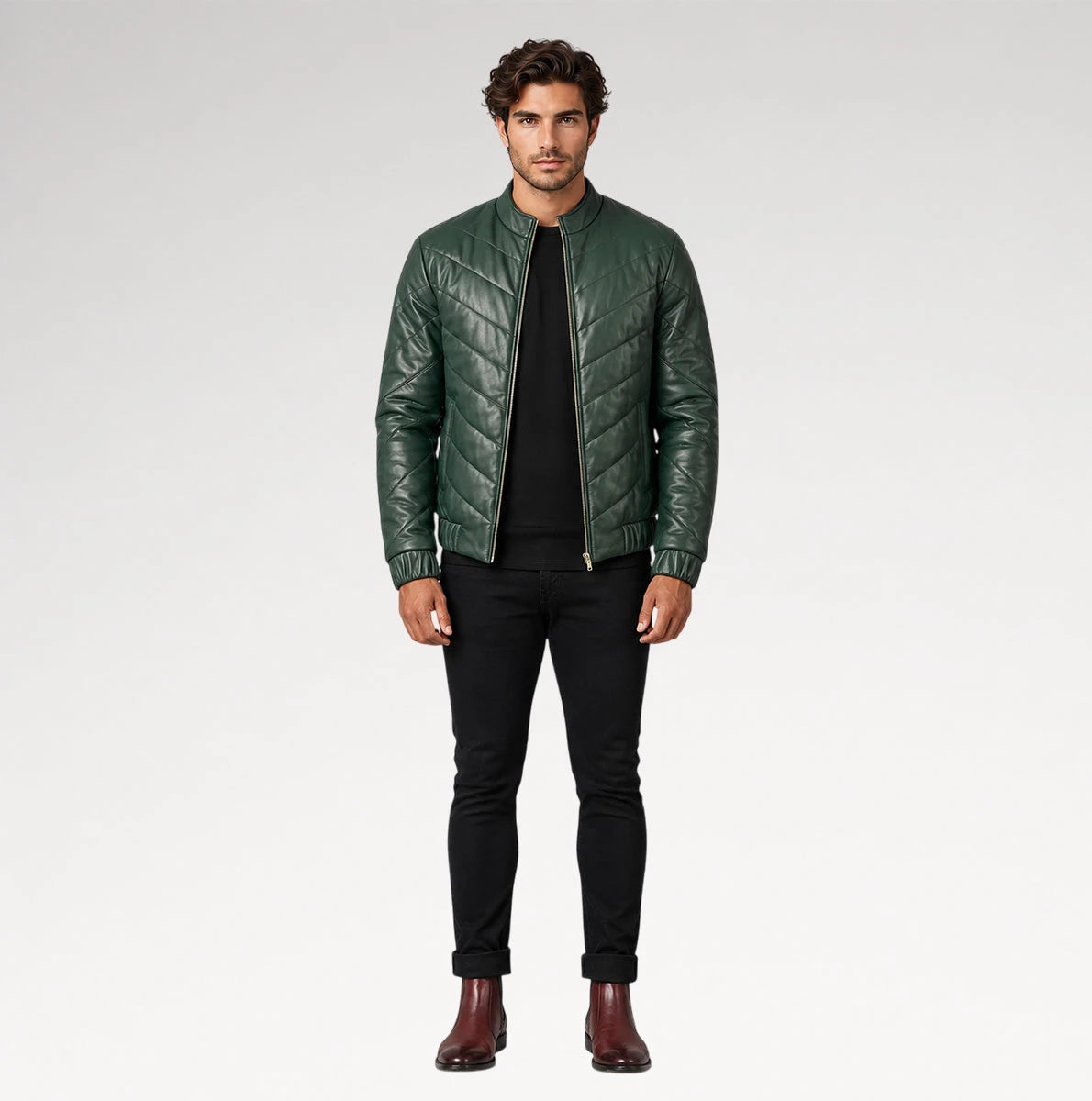 Cresta Green Puffer Leather Jacket