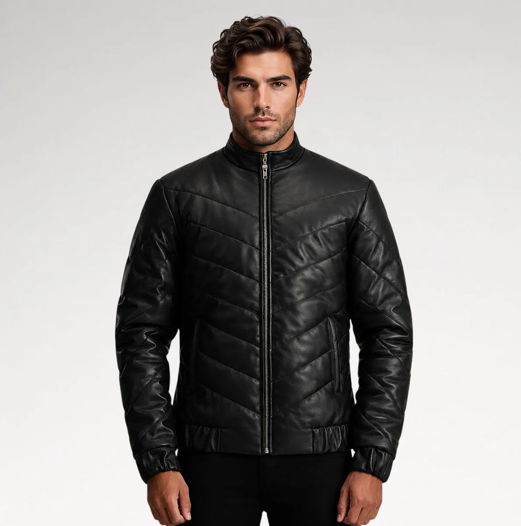 Cresta Black Leather Puffer Jacket