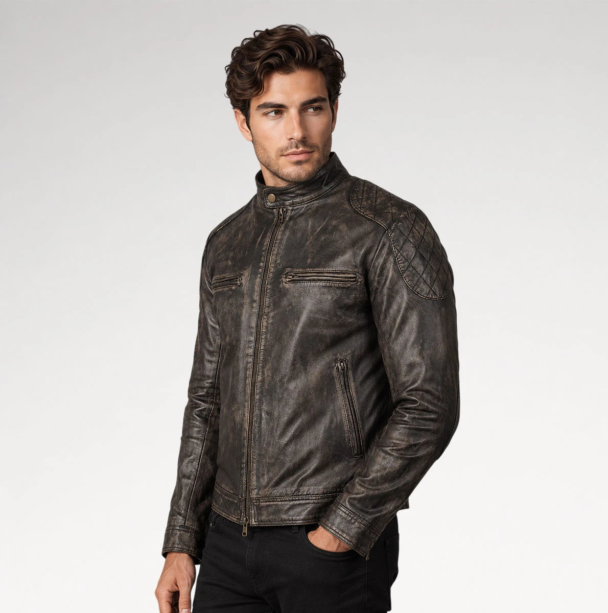 Logoro Brown Distressed Leather Jacket