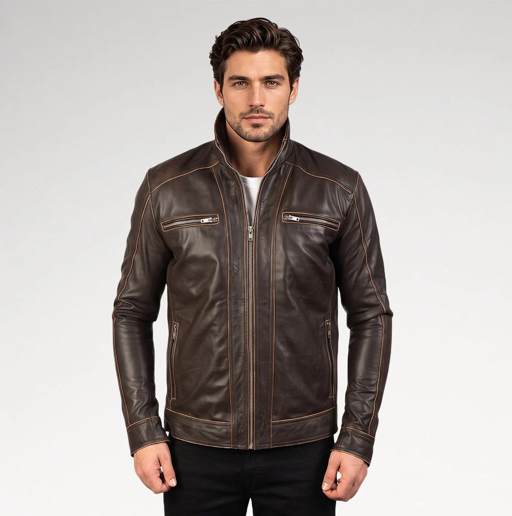 Delicato Brown Leather Biker Jacket