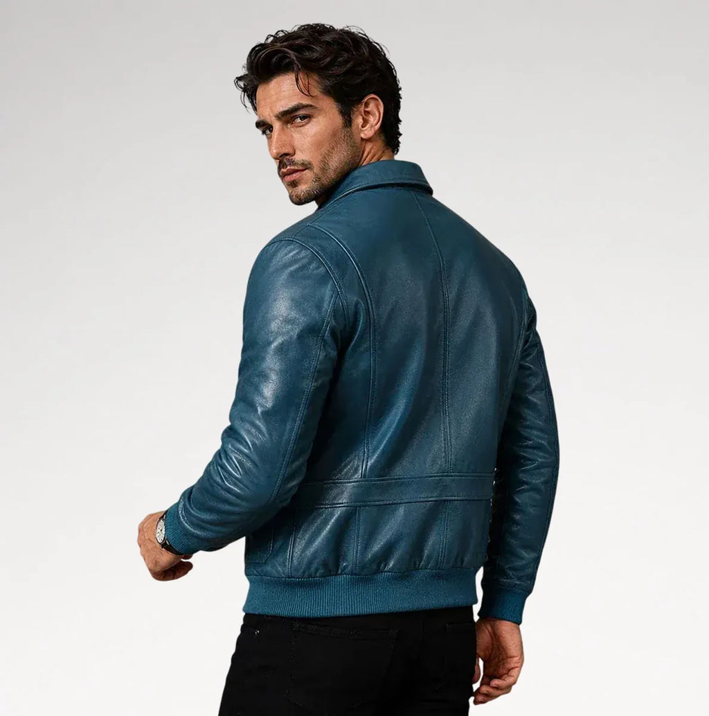 Azzurro Blue Bomber Sheepskin Leather Jacket