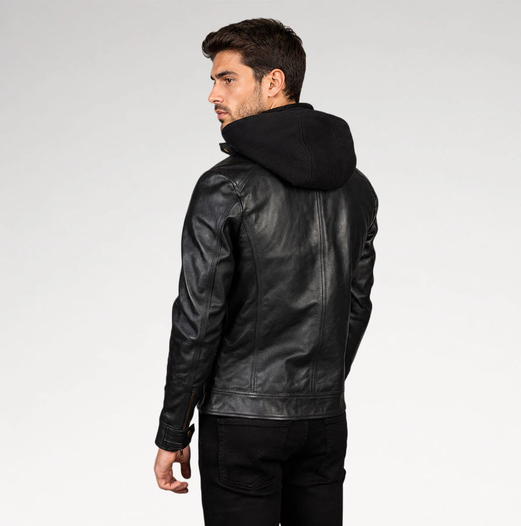 Cappuccio Black Hooded Biker Leather Jacket