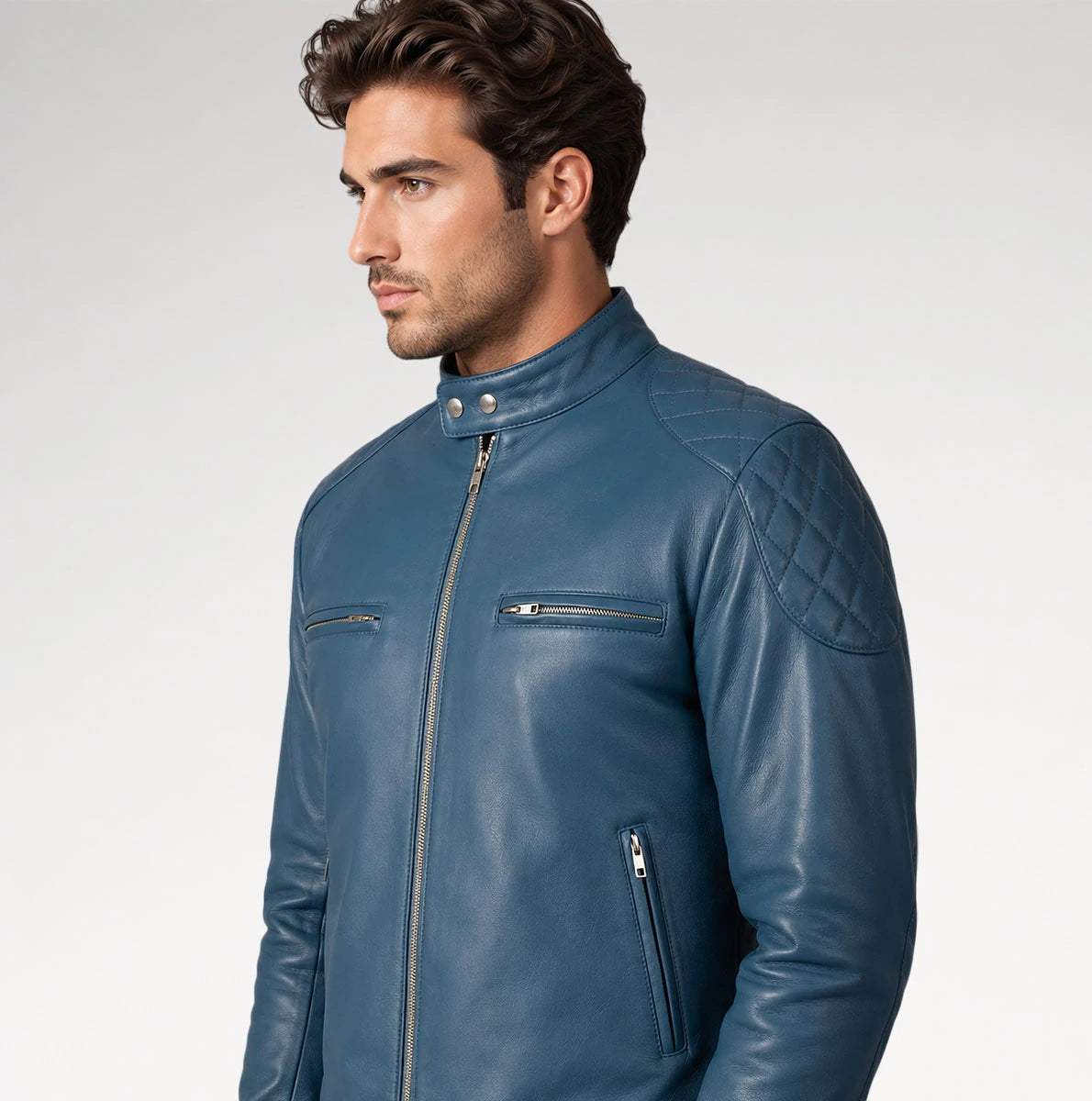 Reale Gatsby Blue Cafe Racer Quilted Biker Leather Jacket