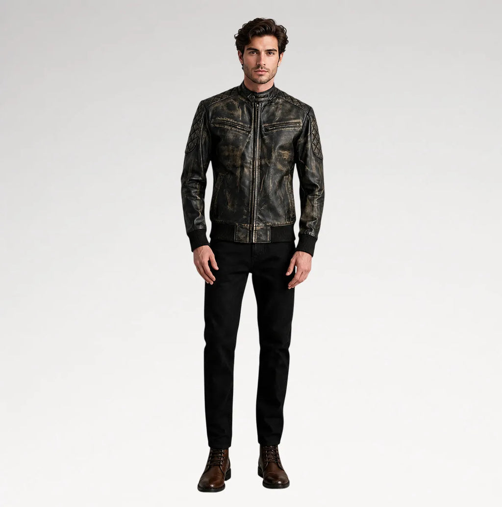 Selvaggio Distressed Brown Leather Bomber Jacket