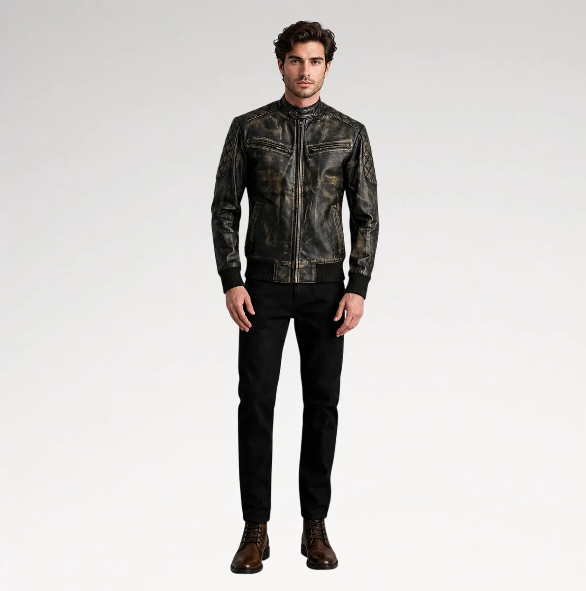 Selvaggio Distressed Brown Leather Bomber Jacket