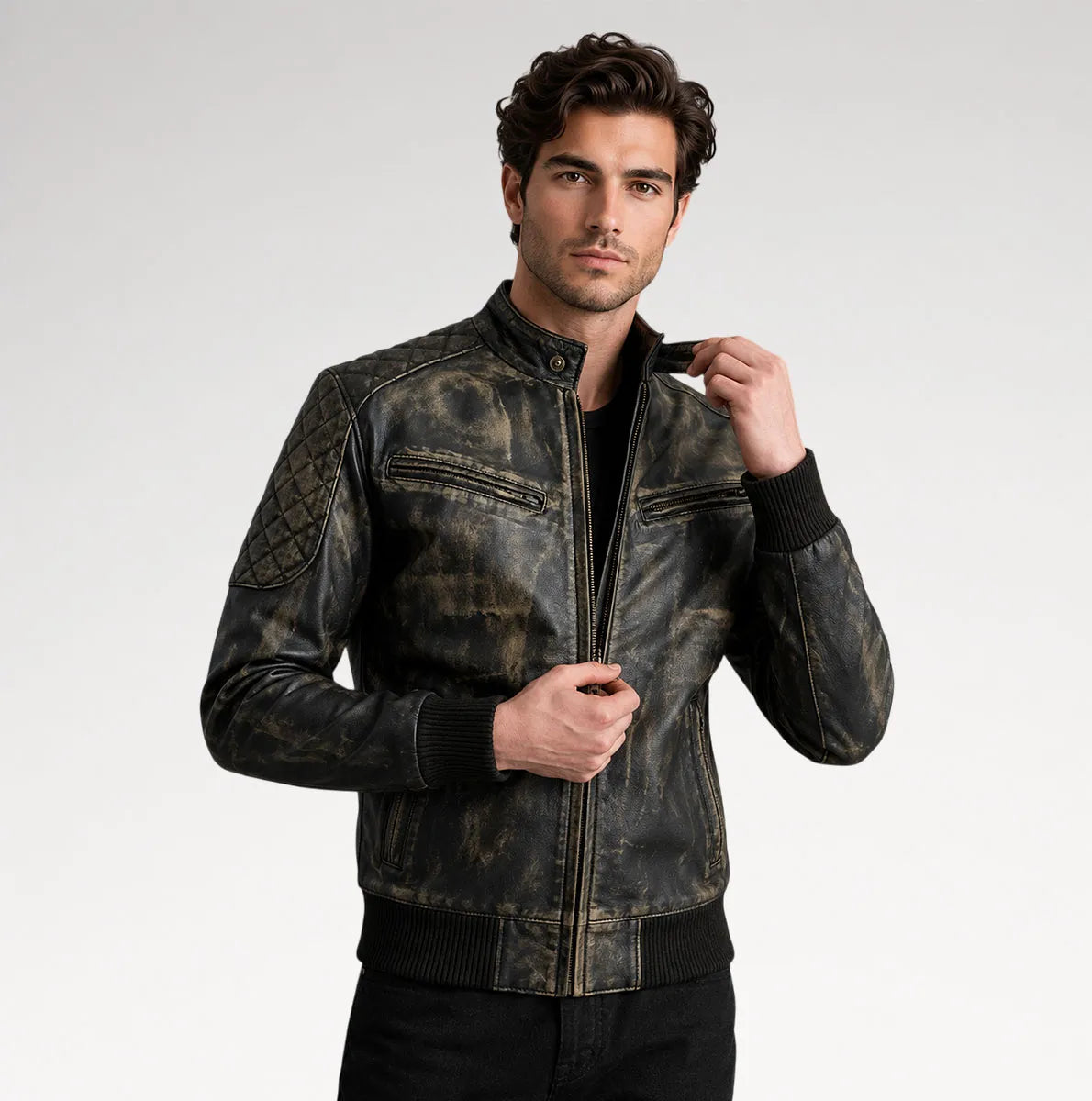 Selvaggio Distressed Brown Leather Bomber Jacket