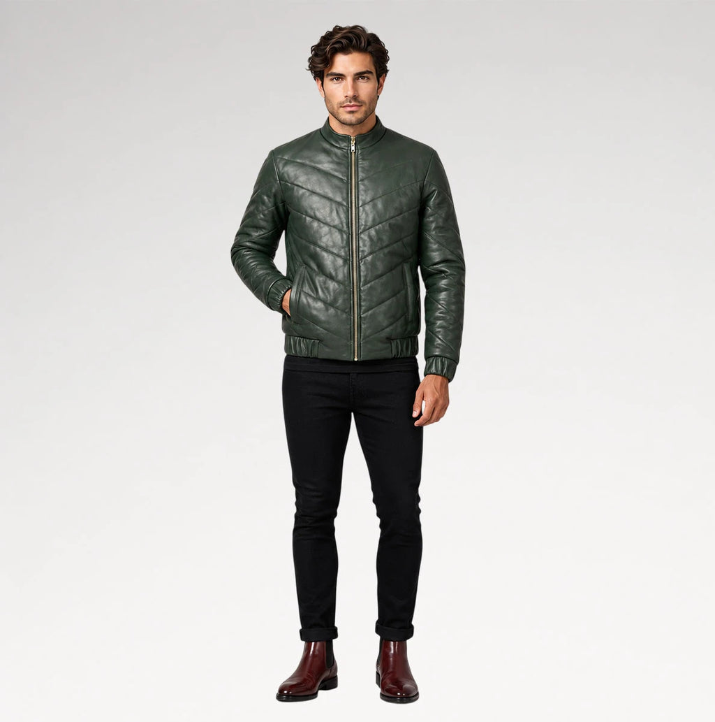 Cresta Green Puffer Leather Jacket