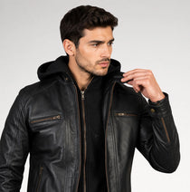 Cappuccio Black Hooded Biker Leather Jacket