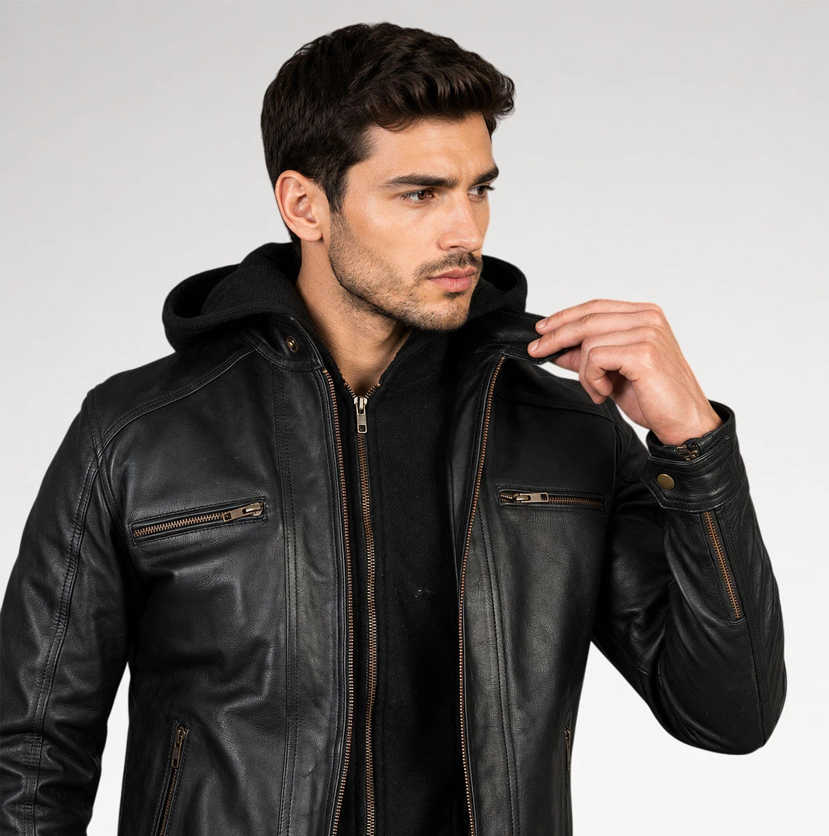 Cappuccio Black Hooded Biker Leather Jacket
