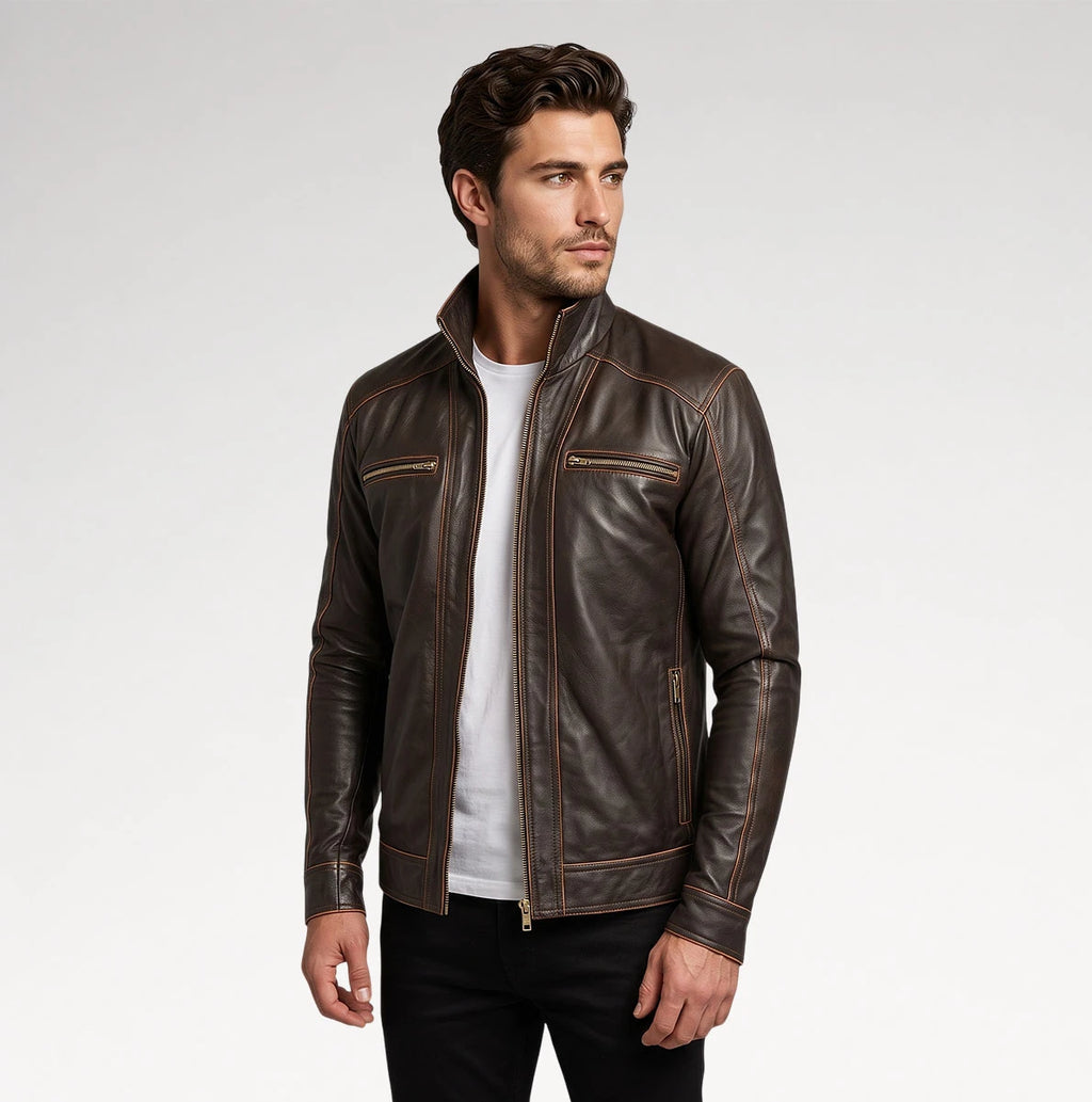Delicato Brown Leather Biker Jacket