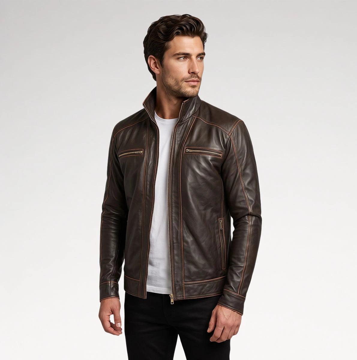Delicato Brown Leather Biker Jacket