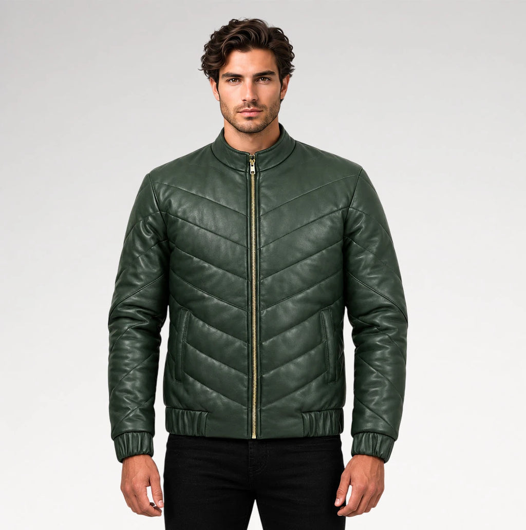 Cresta Green Puffer Leather Jacket