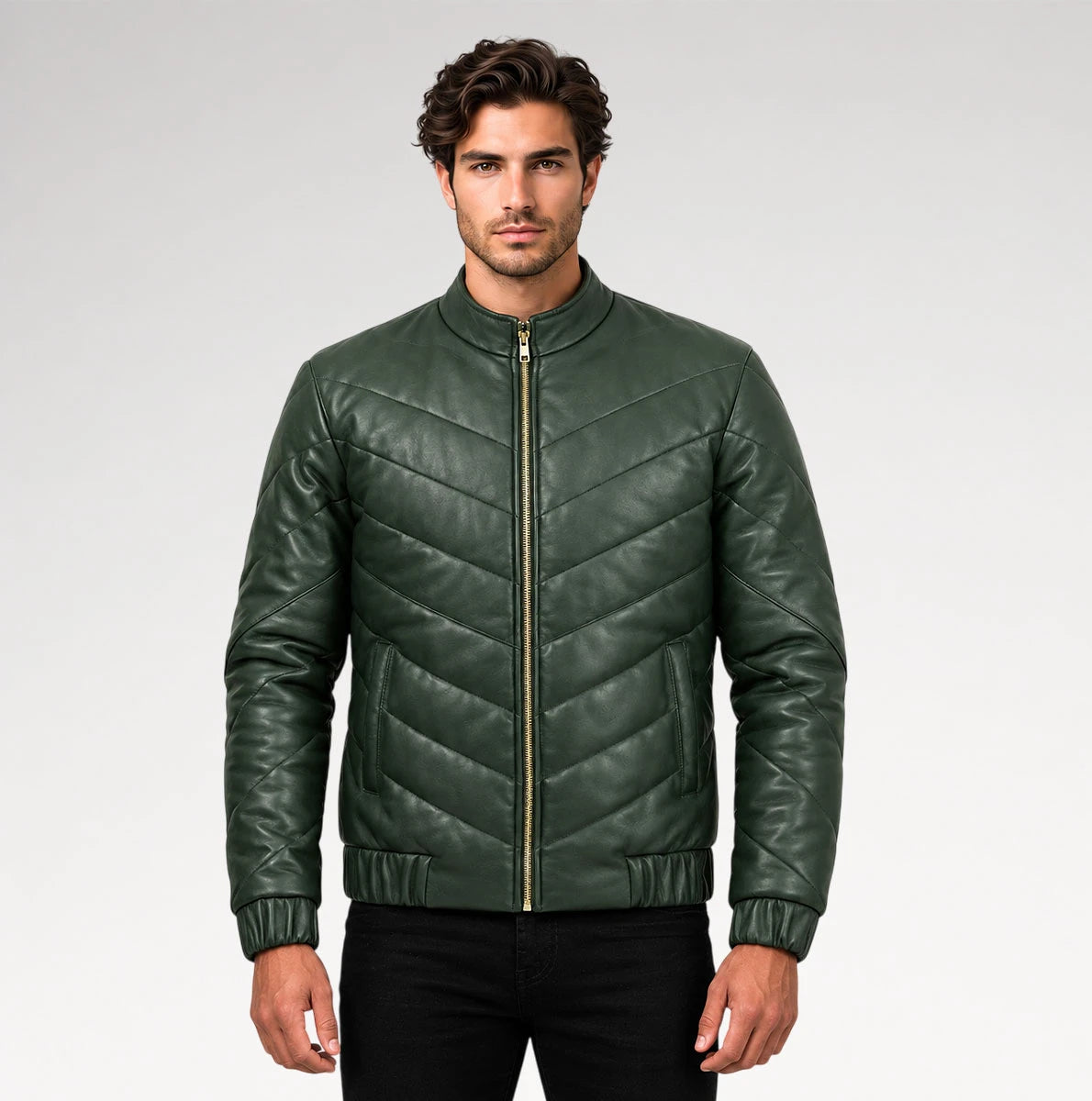 Cresta Green Puffer Leather Jacket