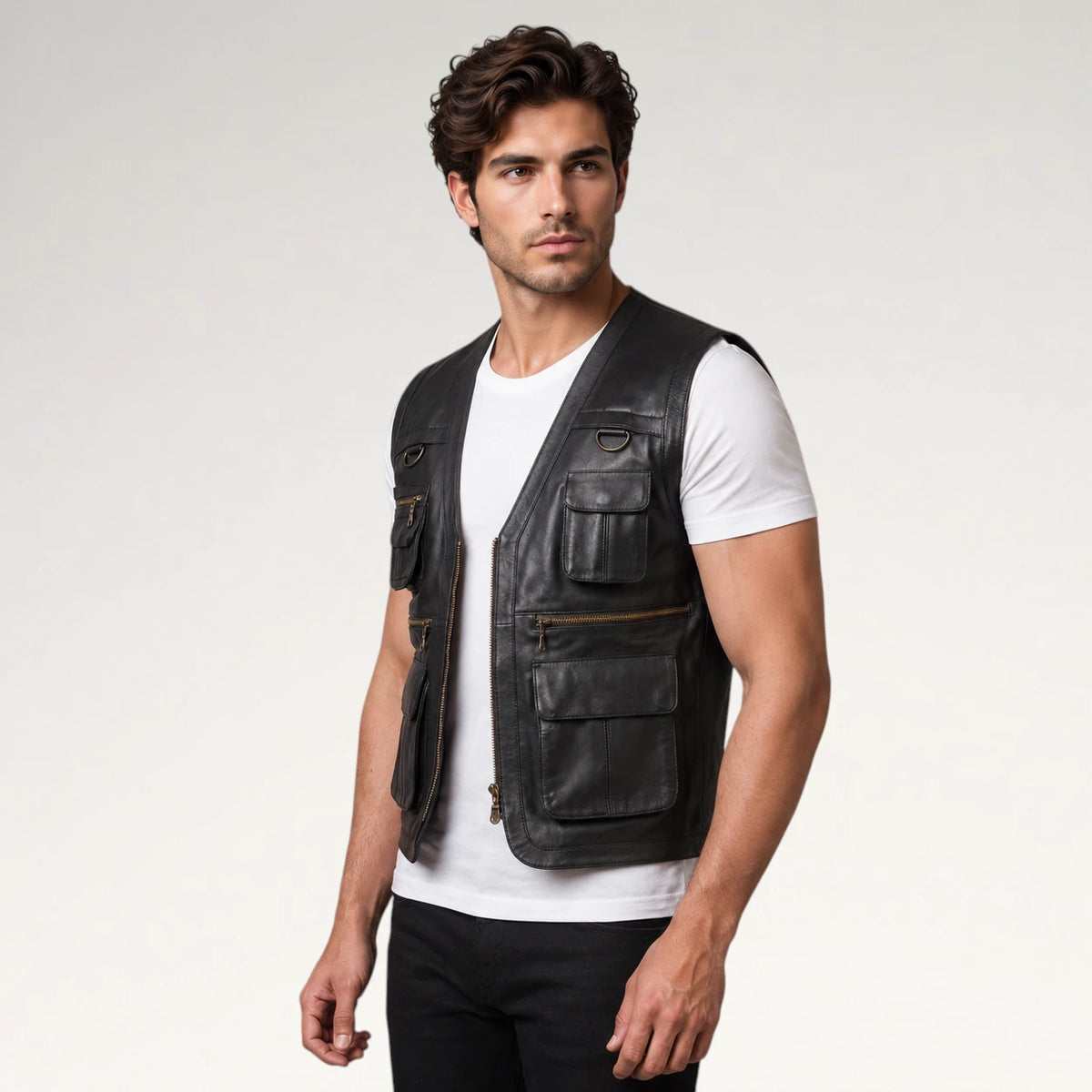 A man wearing a black leather utility vest over a white t-shirt and black pants, standing against a light gray studio background.