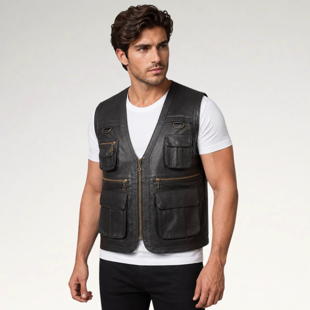 A man wearing a black leather vest with multiple utility pockets and gold-tone zippers over a white t-shirt, photographed against a light gray studio background.