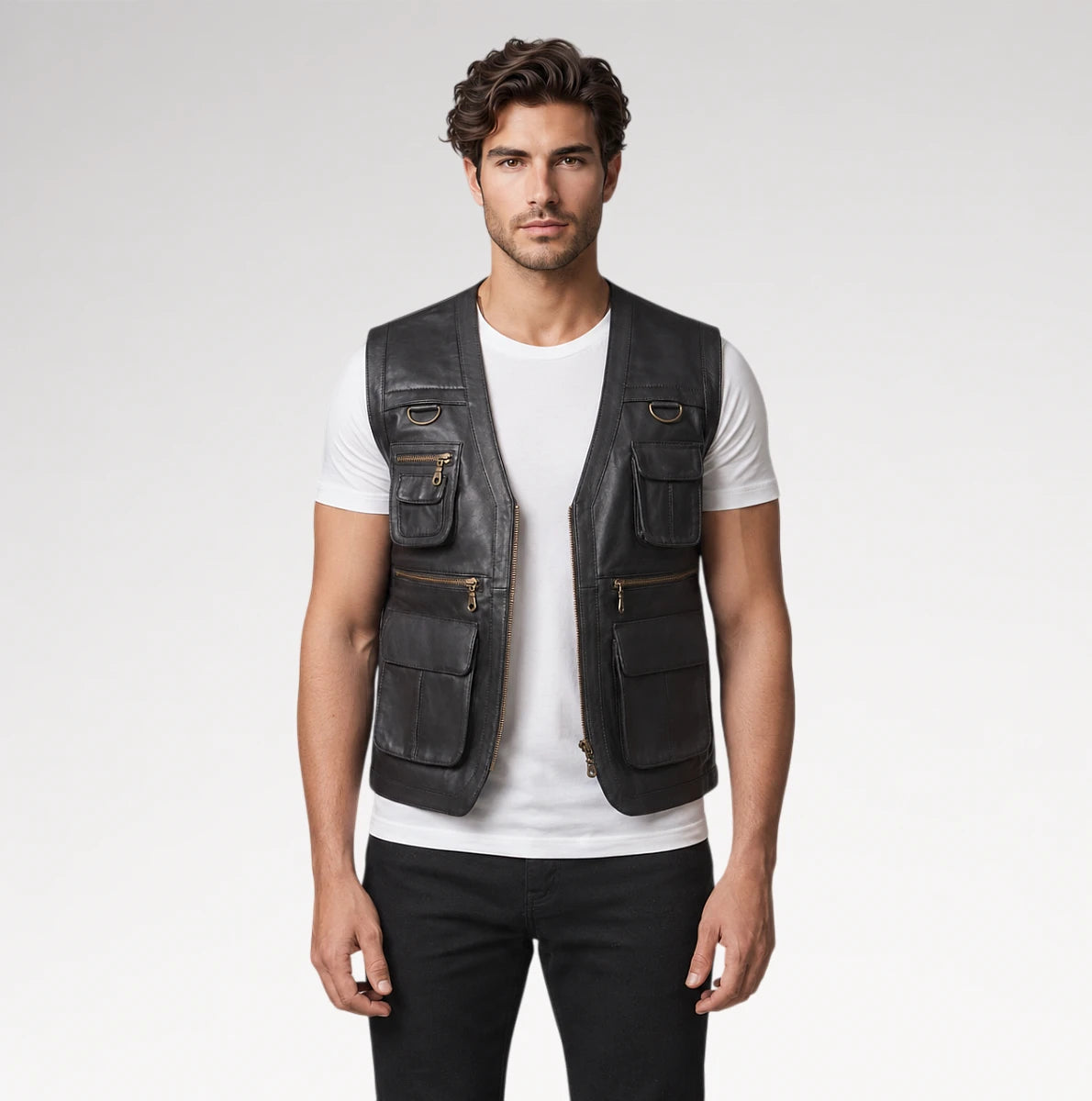 A man modeling a black leather utility vest with multiple zippered and buttoned pockets over a white t-shirt and black pants, shot against a light gray studio background. Main image