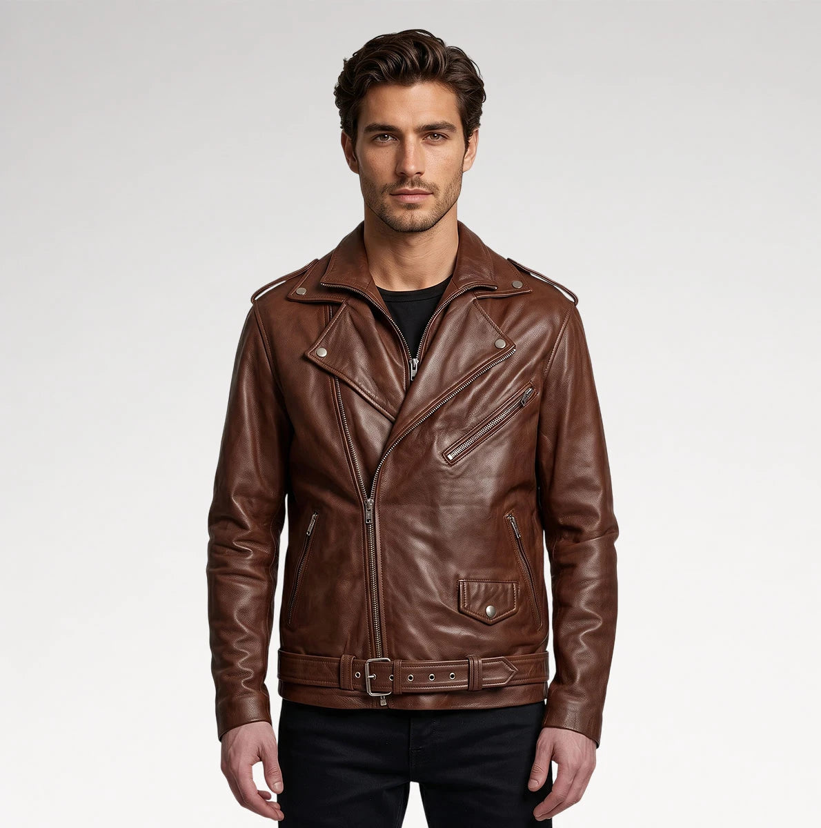 A man wearing a brown leather motorcycle jacket with a belted waist and silver hardware, photographed against a light gray studio background. Main image