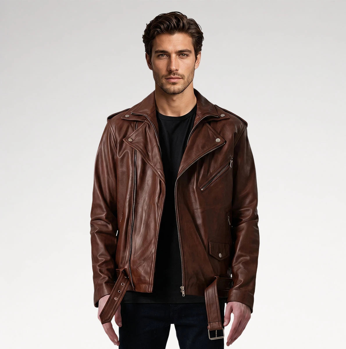 A man wearing a brown leather motorcycle jacket with a belted waist, zippers, and a snap collar, styled over a black t-shirt and dark jeans, photographed against a light gray studio background.