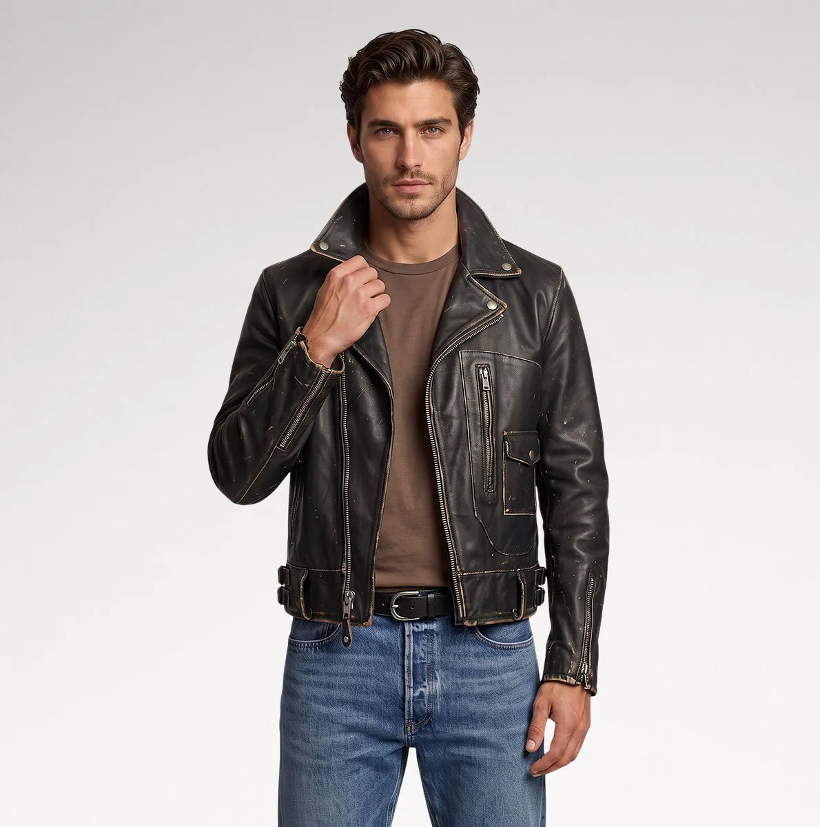 A man wearing a distressed black leather motorcycle jacket over a brown t-shirt and blue jeans, standing against a light gray studio background.