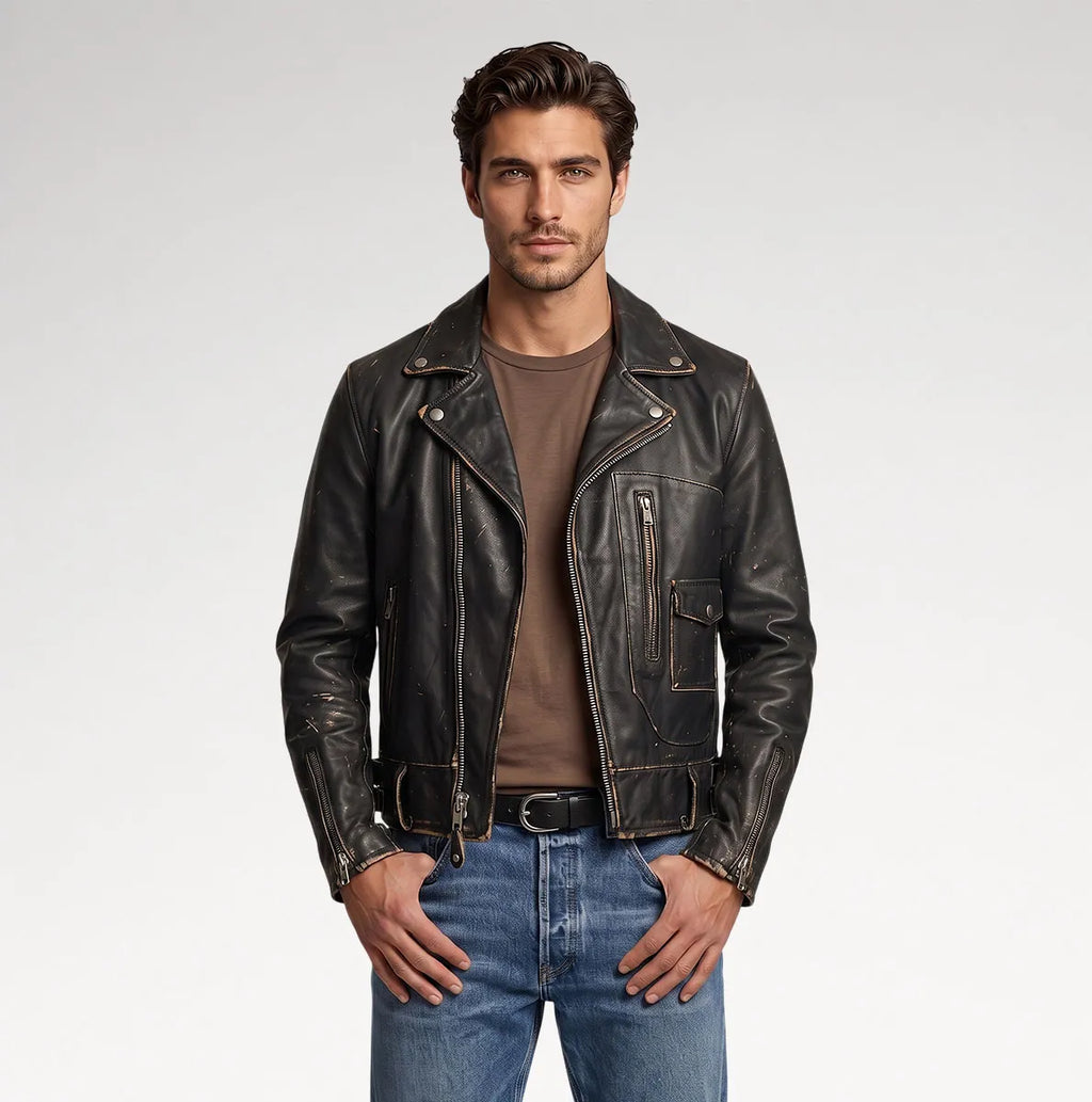 A man wearing a black distressed leather motorcycle jacket over a brown t-shirt and blue jeans, standing against a light gray studio background.
