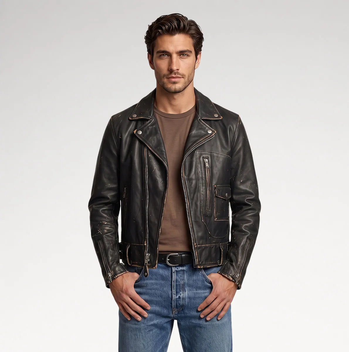 A man wearing a black distressed leather motorcycle jacket over a brown t-shirt and blue jeans, standing against a light gray studio background.