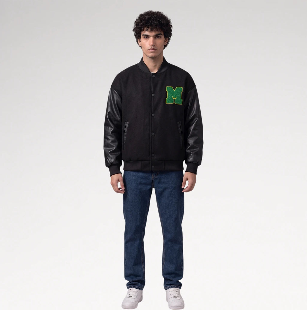 Audace Black Leather Sleeve Varsity Jacket