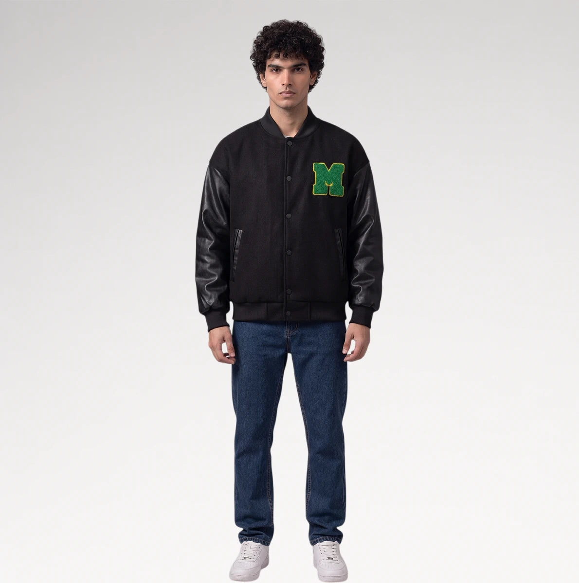Audace Black Leather Sleeve Varsity Jacket