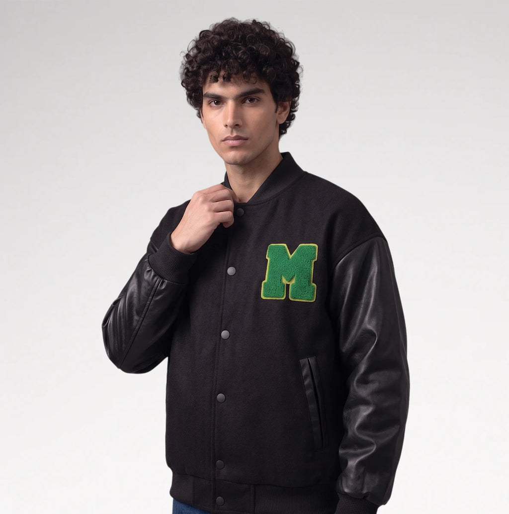 Audace Black Leather Sleeve Varsity Jacket